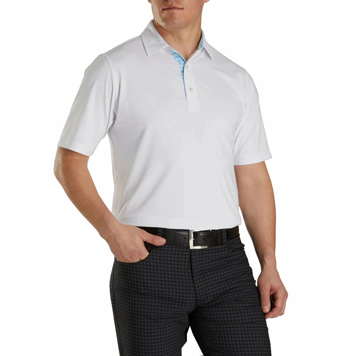 FootJoy Athletic Fit Lisle Solid Gingham Trim White Mens Golf Polo 3 FootJoy Athletic Fit Lisle Solid Gingham Trim White Mens Golf Polo